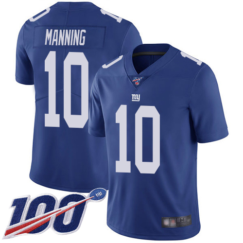 Men New York Giants #10 Eli Manning Royal Blue Team Color Vapor Untouchable Limited Player 100th Season Football NFL Jersey